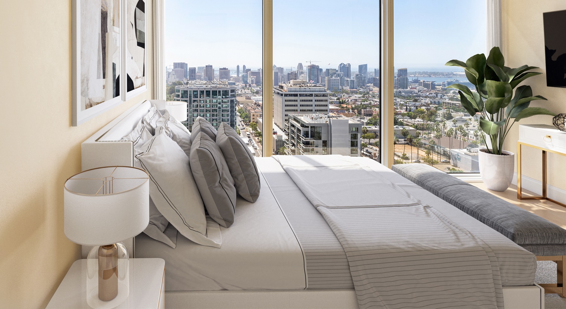 Bedroom with natural lighting and high ceilings